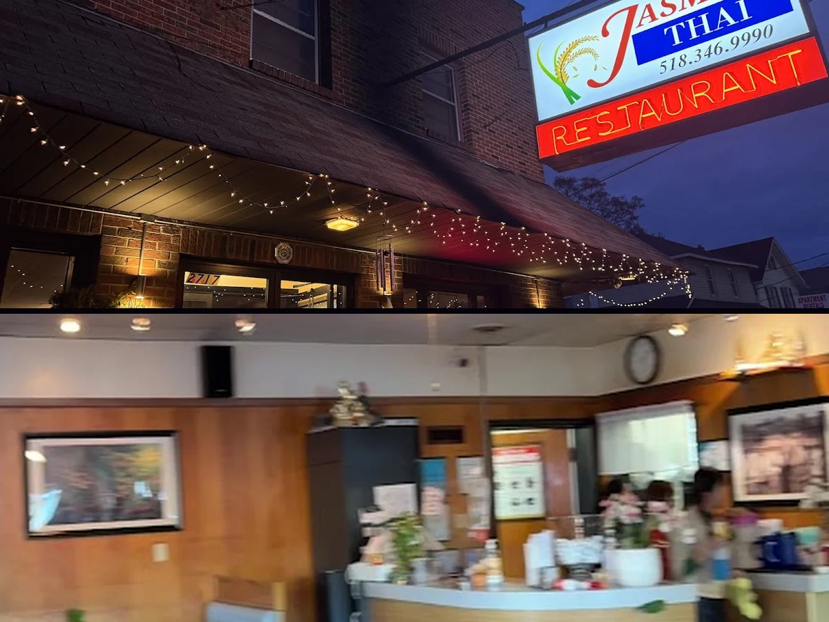 Traditional Thai restaurant interior with warm, modest decor.